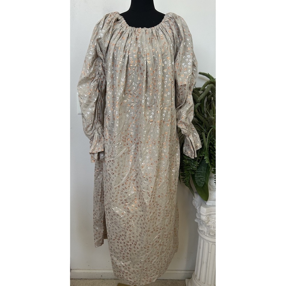 The Pyramid Collection Beige Gold Metallic Puff Sleeve Peasant Modest Dress O/S